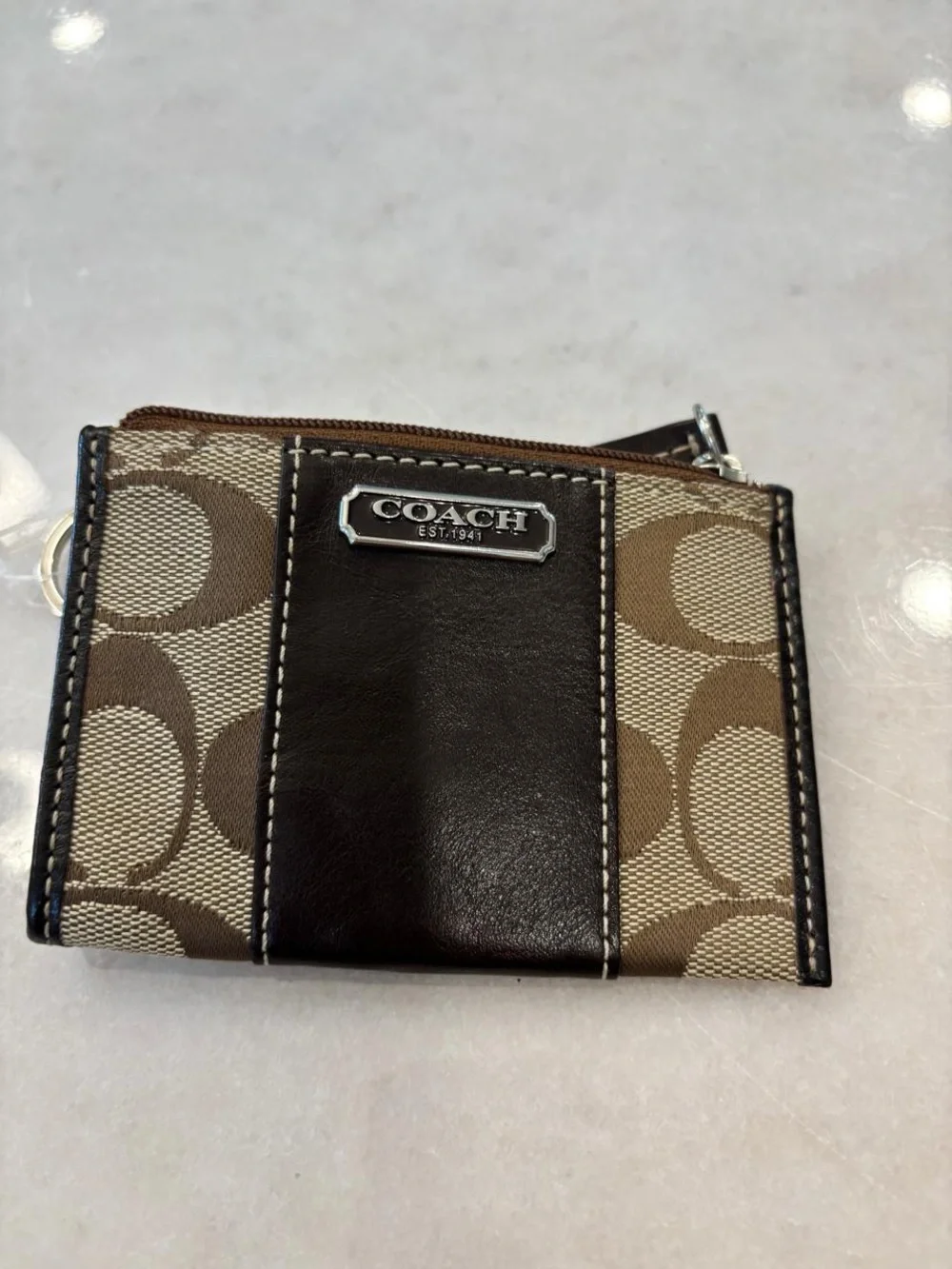 Coach Signature Jacquard Mini Skinny Coin Purse Keychain Khaki Brown #O10